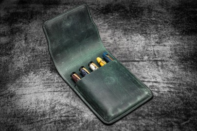 Galen Leather Flap Pen Case for Five Pens - Crazy Horse Forest Green