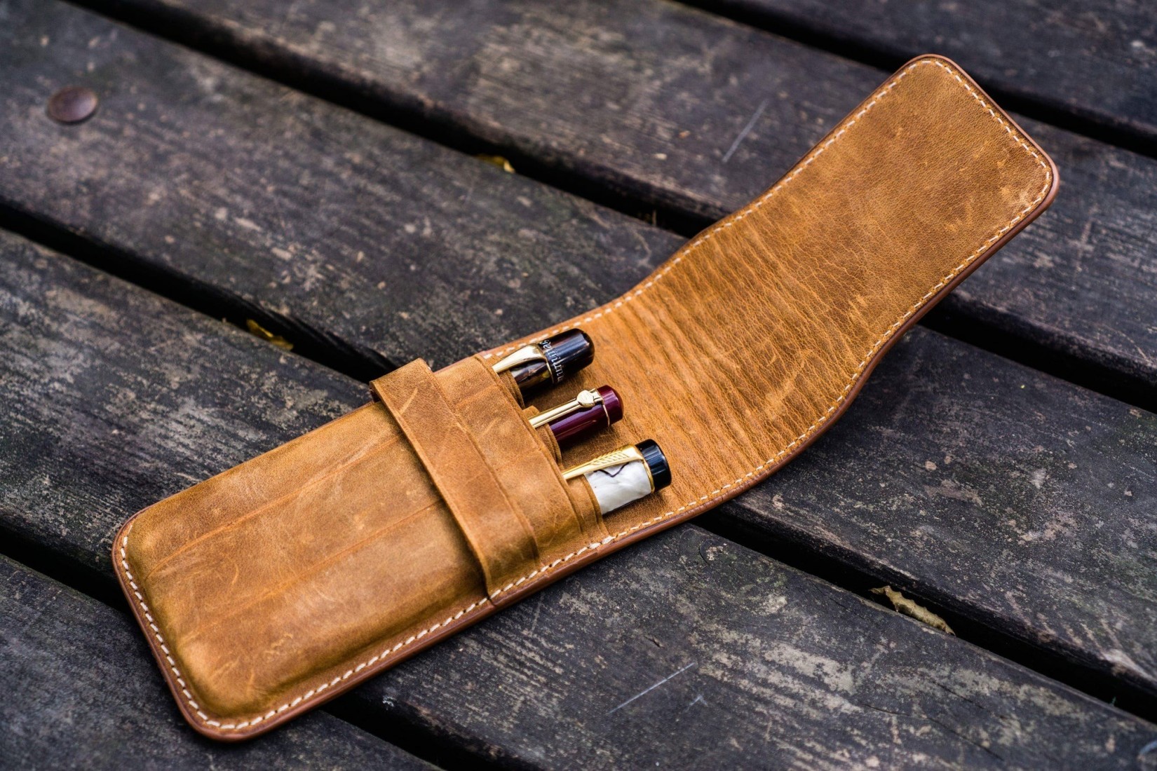 Galen Leather Flap Pen Case for Three Pens - Crazy Horse Brown