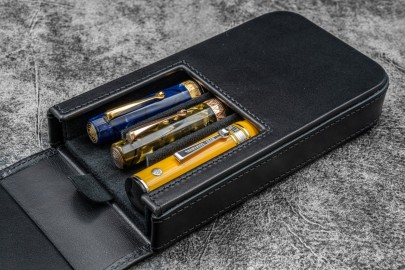 Galen Leather Magnum Opus 3 Slots Hard Pen Case with Removable Pen Tray - Black