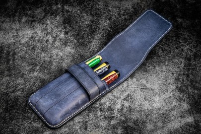 Galen Leather Flap Pen Case for Three Pens - Crazy Horse Navy Blue