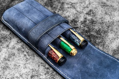 Galen Leather Flap Pen Case for Three Pens - Crazy Horse Navy Blue