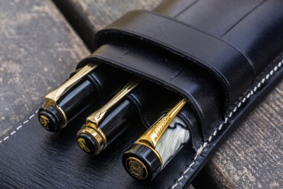 Galen Leather Flap Pen Case for Three Pens - Black