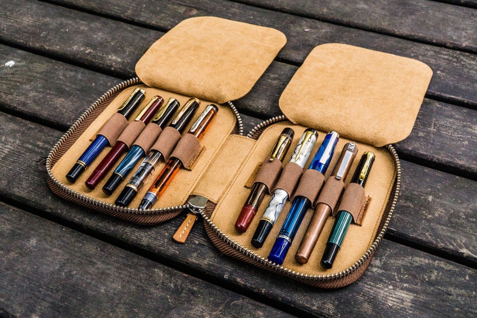 Galen Leather Zippered 10 Slots Pen Case - Crazy Horse Brown