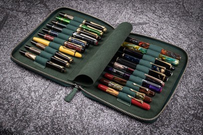 Galen Leather Zippered 20 Slots Pen Case - Crazy Horse Forest Green