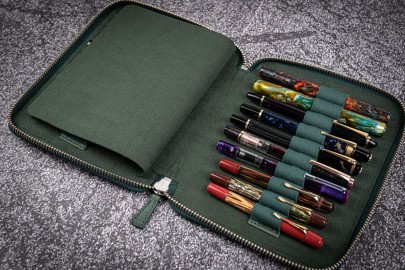 Galen Leather Zippered 20 Slots Pen Case - Crazy Horse Forest Green