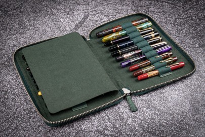 Galen Leather Zippered 20 Slots Pen Case - Crazy Horse Forest Green