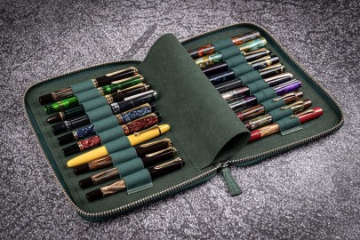 Galen Leather Zippered 20 Slots Pen Case - Crazy Horse Forest Green