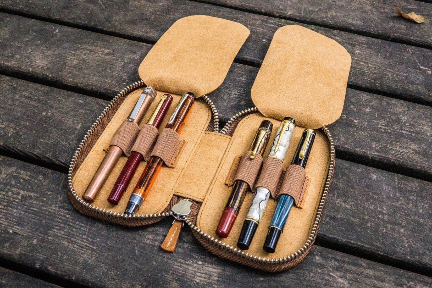 Galen Leather Zippered 6 Slots Pen Case - Crazy Horse Brown