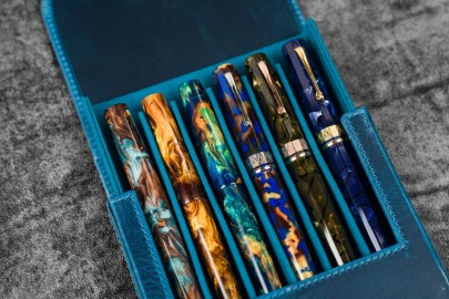 Galen Leather Magnum Opus 6 Slots Hard Pen Case with Removable Pen Tray - Ocean Blue