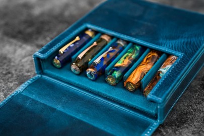 Galen Leather Magnum Opus 6 Slots Hard Pen Case with Removable Pen Tray - Ocean Blue