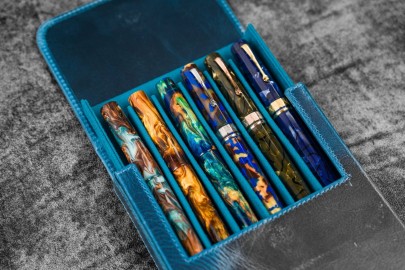 Galen Leather Magnum Opus 6 Slots Hard Pen Case with Removable Pen Tray - Ocean Blue