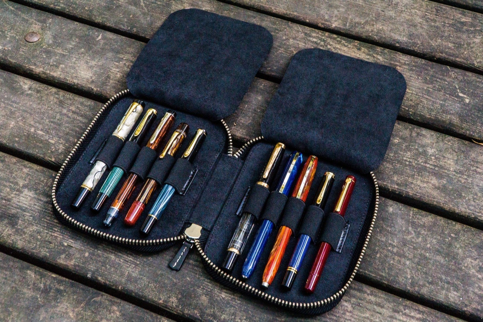 Galen Leather Zippered 10 Slots Pen Case - Black