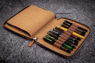Galen Leather Zippered 20 Slots Pen Case - Crazy Horse Brown