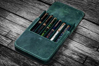 Galen Leather Magnum Opus 6 Slots Hard Pen Case with Removable Pen Tray - Crazy Horse Forest Green