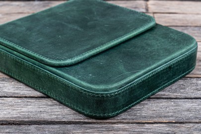 Galen Leather Magnum Opus 6 Slots Hard Pen Case with Removable Pen Tray - Crazy Horse Forest Green