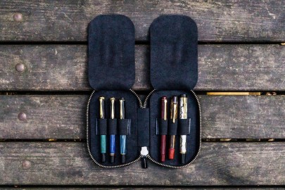 Galen Leather Zippered 6 Slots Pen Case - Black