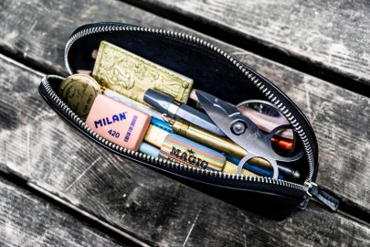 Galen XLarge Zipper Leather Pencil Case - Black