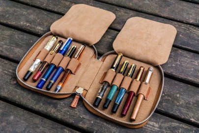 Galen Leather Zippered 10 Slots Pen Case - Brown