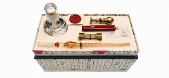 Francesco Rubinato set, with glass dip pen, brass  base, bronze wax seal stamp, sealing wax, glass box, 8829