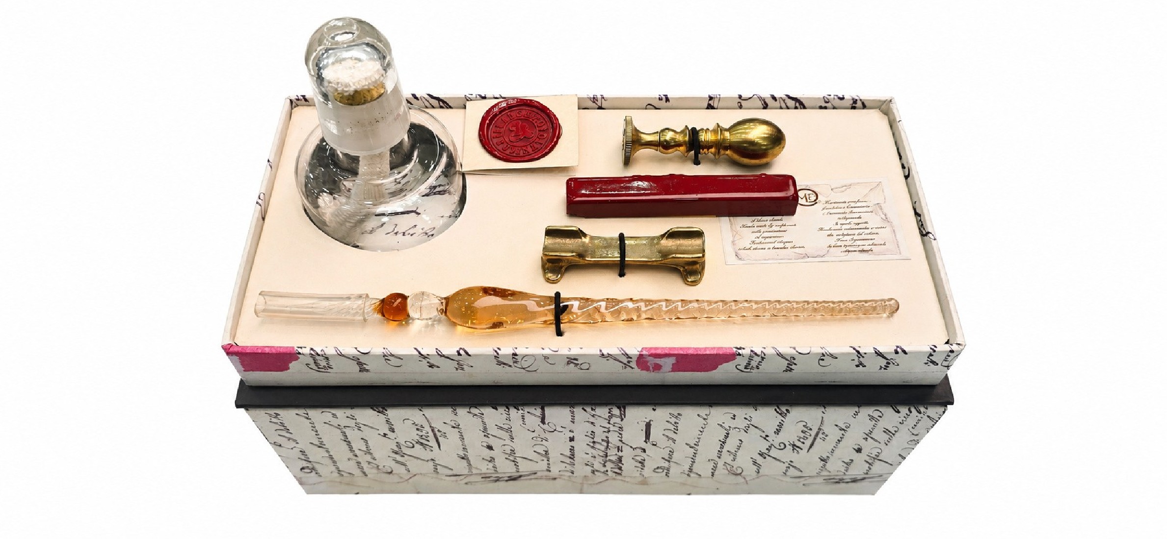 Francesco Rubinato set, with glass dip pen, brass  base, bronze wax seal stamp, sealing wax, glass box, 8829