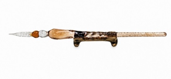 Francesco Rubinato set, with glass dip pen, brass  base, bronze wax seal stamp, sealing wax, glass box, 8829