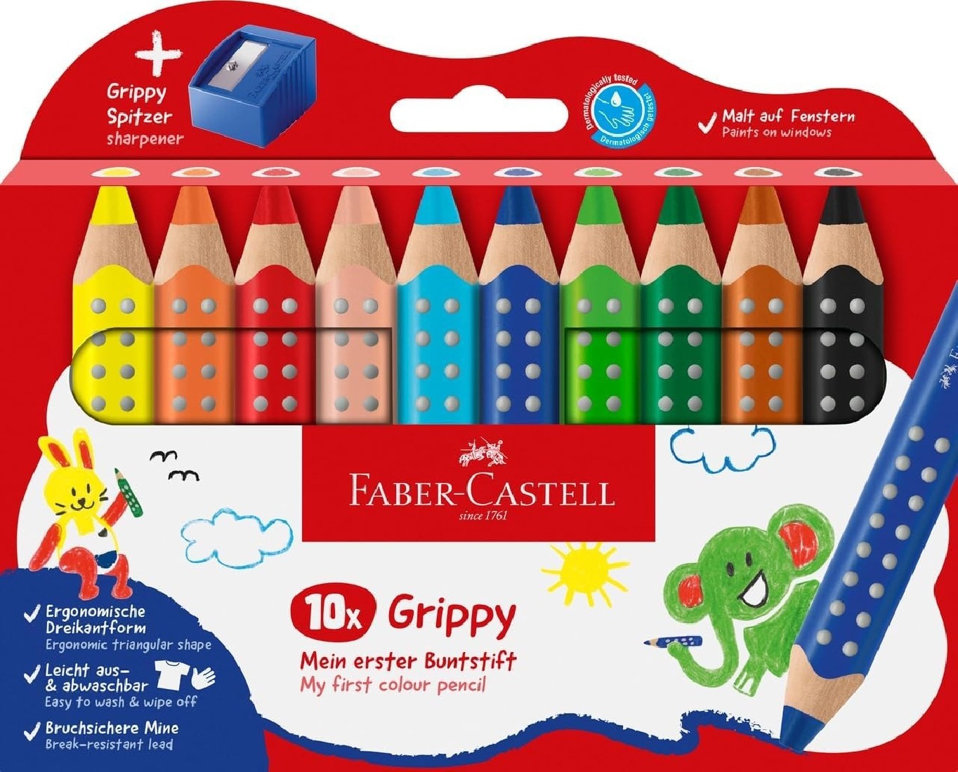 Faber Castell ξυλομπογιές Grippy 110636 Colouring Pencils Set, 10 Colouring Pencils with Sharpener for Toddlers from 2 Years