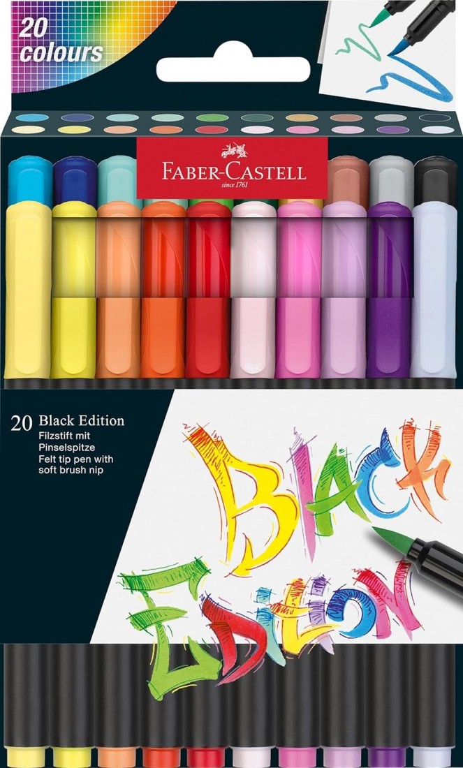 Faber Castell Brush Pen Set, Black Edition, Cardboard Box of 20, 116452