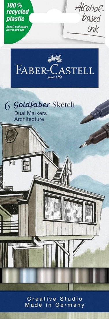 Faber Castell Goldfaber Sketch Architecture Marker with Brush Tip and Fineliner Tip (Pack of 6) 164807