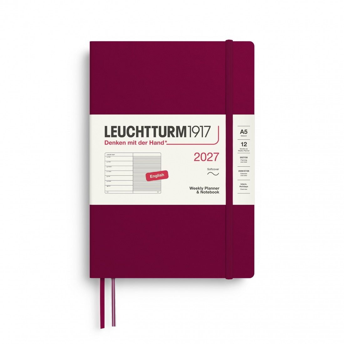 12M Weekly Planner and Notebook 2027, A5, softcover, Port Red, Leuchtturm 1917
