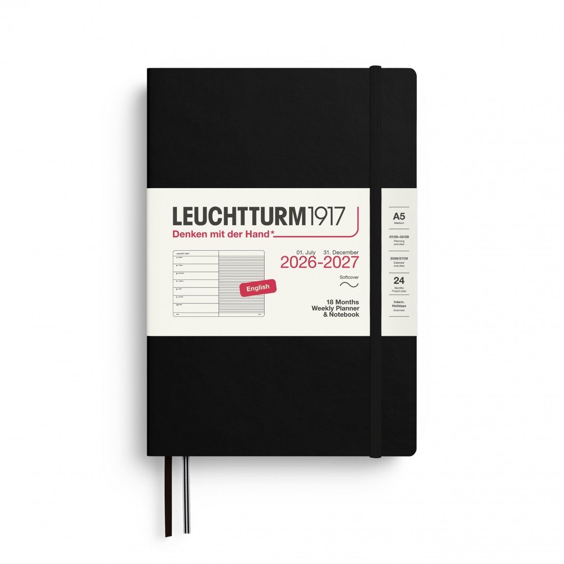 18M Weekly Planner and Notebook 2026-2027, A5, hardcover, Black, Leuchtturm 1917