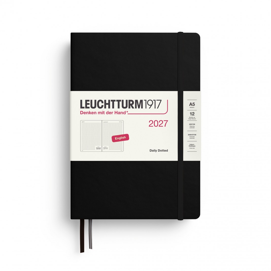 12M Daily Diary 2027, A5, hardcover, Black Dotted, Leuchtturm 1917