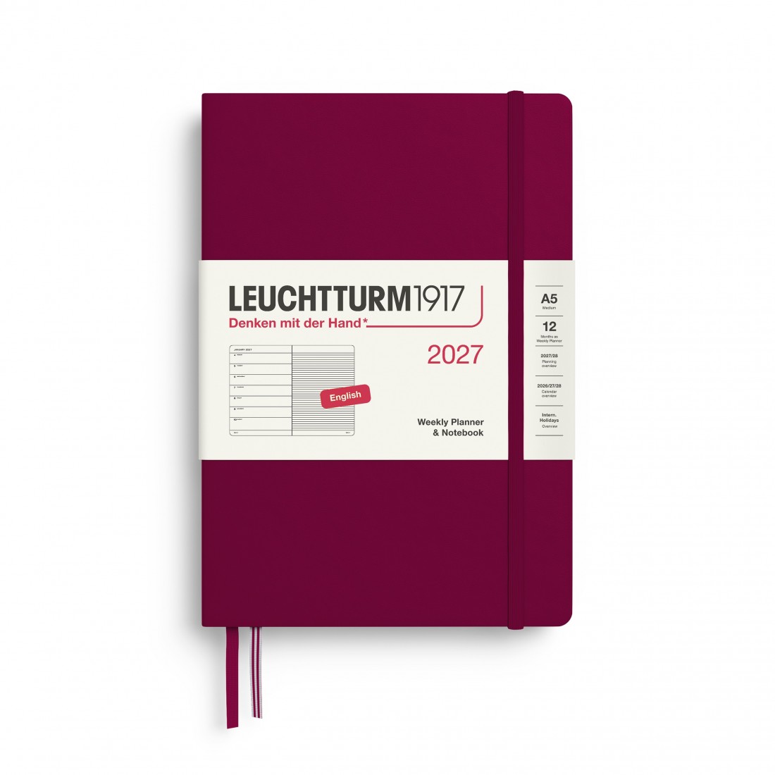 12M Weekly Planner and Notebook 2027, A5, hardcover, Port Red, Leuchtturm 1917