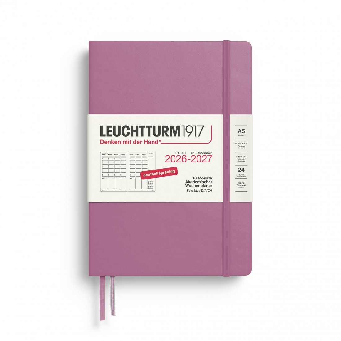 18M Week Planner and Notebook 2026-2027, A5, hardcover, Dusty Rose, Leuchtturm 1917