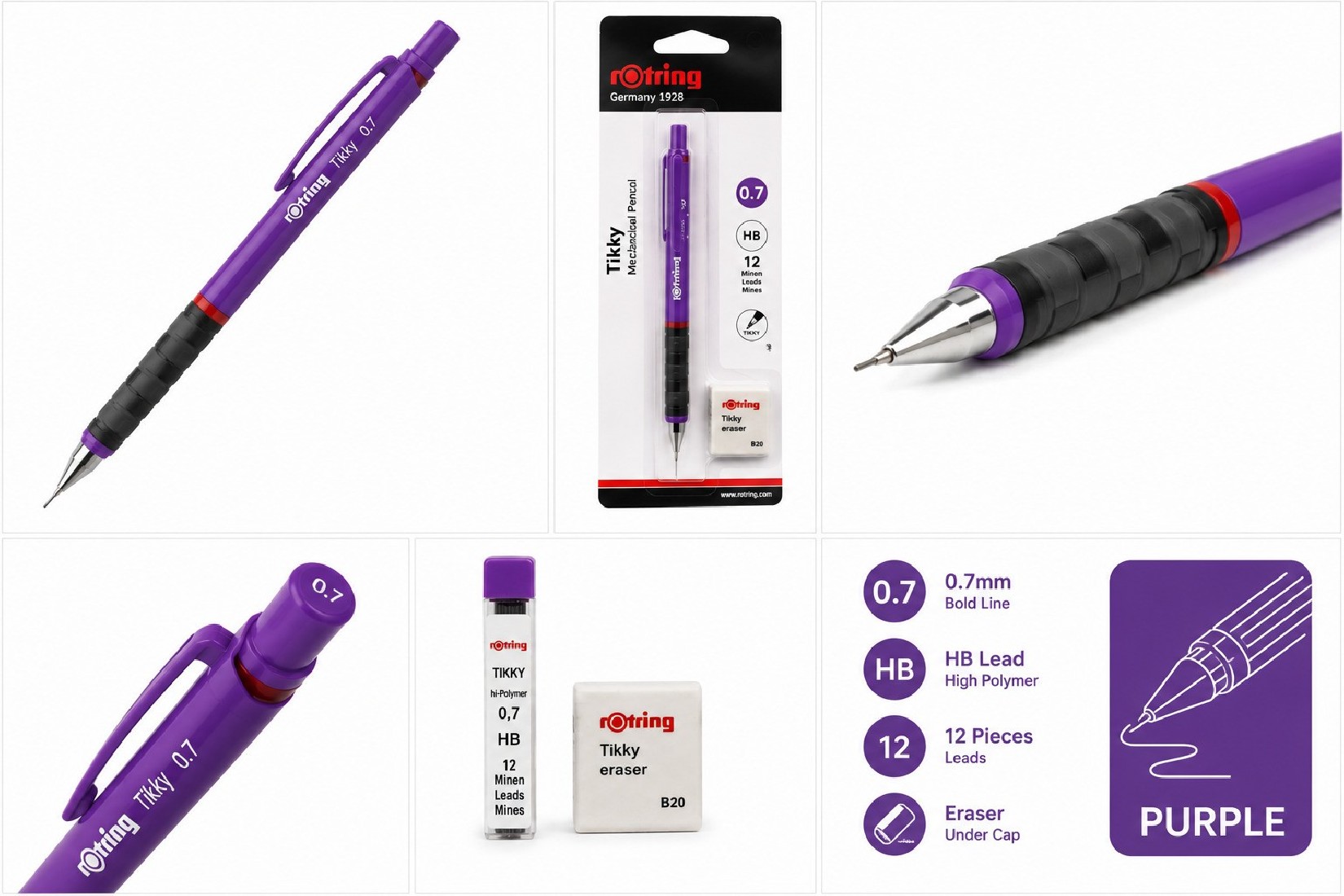 Rotring  tikky mechanical pencil magenta 0,7mm (free leads & eraser)