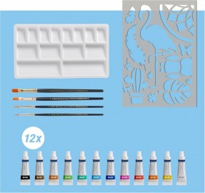 Faber Castell Watercolour Paint Set 18 Pieces with 12 Paint Tubes, 4 Watercolour Brushes, Mixing Palette and Stencil, 169618