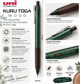 Uni Mitsubishi Kurutoga metal wood, forest green 0,5mm mechanical pencil M5KW1P.88