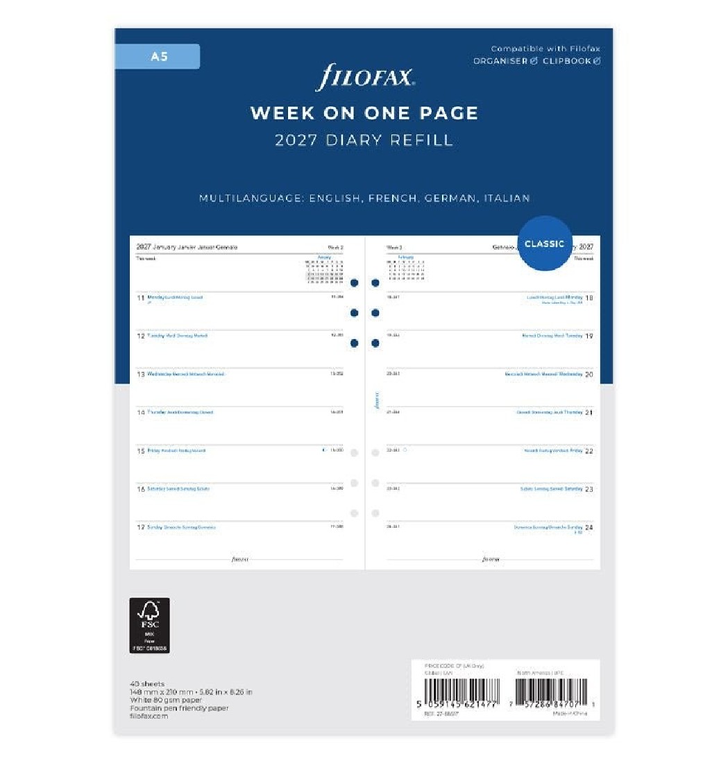 Refill A5 2027 Greek Week on one page - Multilanguage 27-68517 Filofax