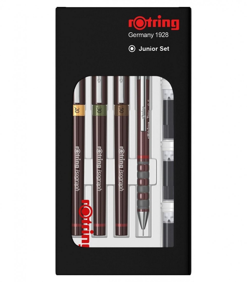 Rotring Isograph Junior Set with 3 Isograph Pens 0.2 mm  0.3 mm  0.5 mm with 1 Tikky Mechanical Pencil 0.5 mm and 4 ink cartridges