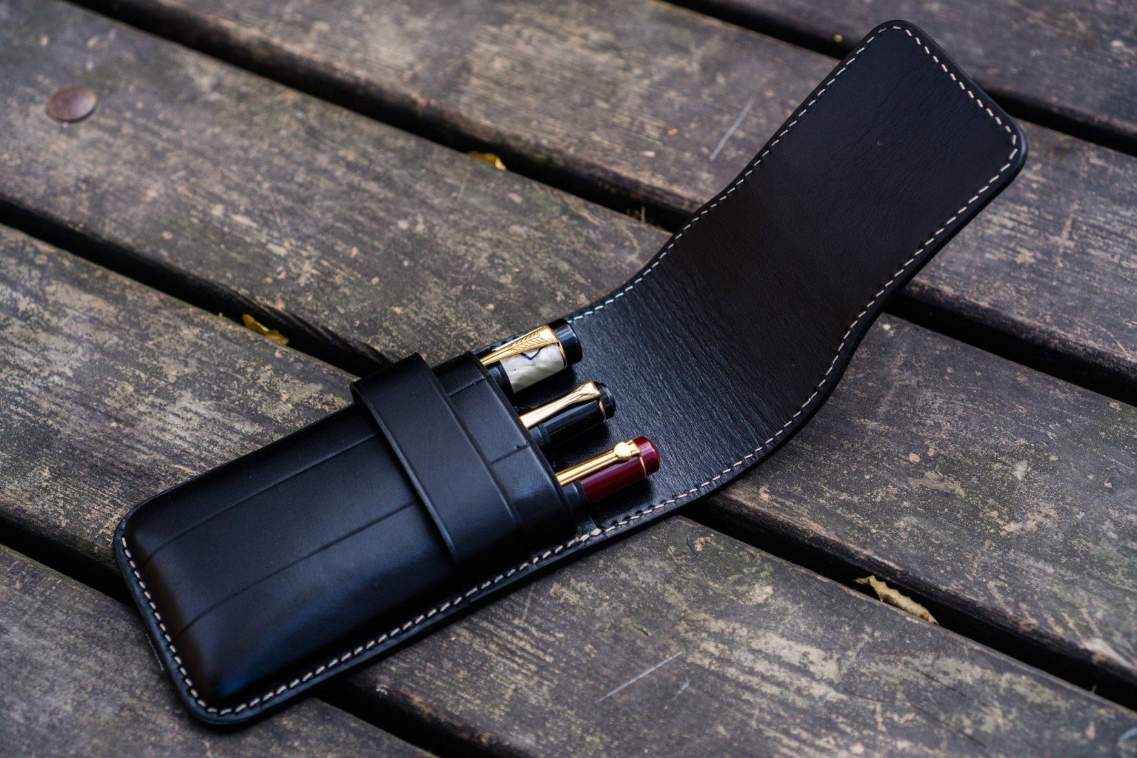 Galen Leather Flap Pen Case for Three Pens - Black