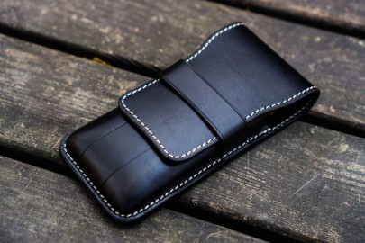 Galen Leather Flap Pen Case for Three Pens - Black