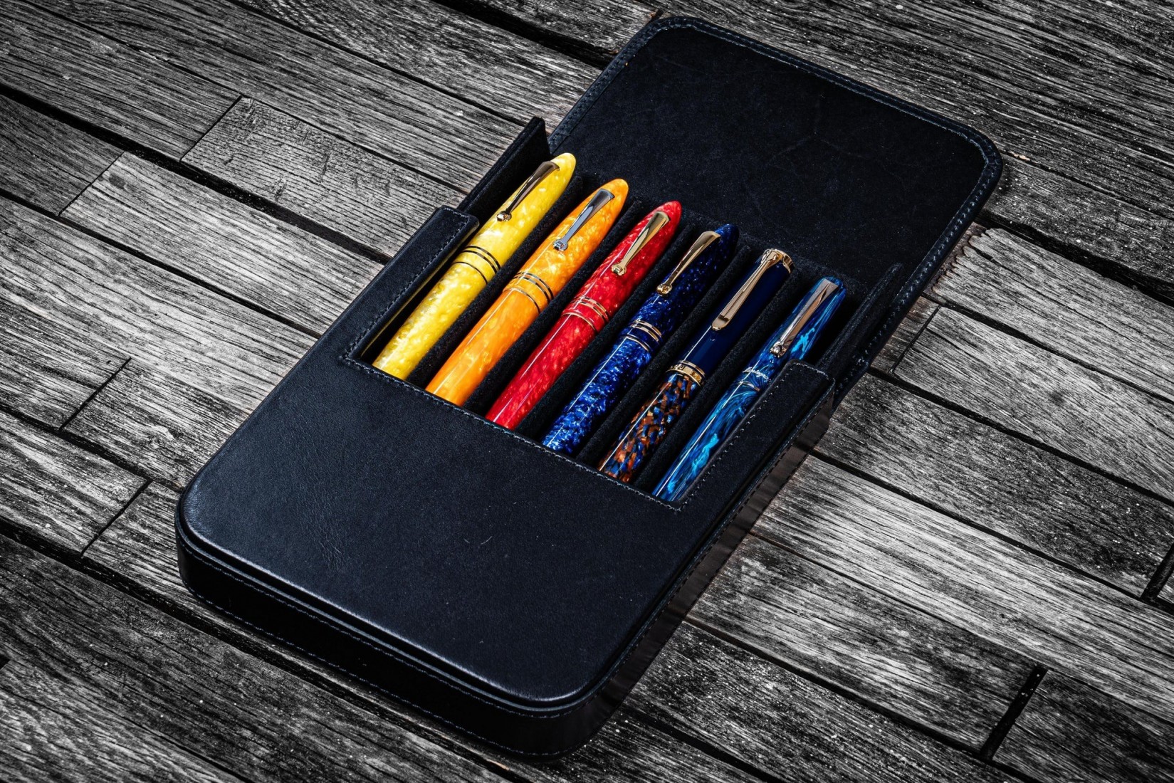 Galen Leather Magnum Opus 6 Slots Hard Pen Case with Removable Pen Tray - Black