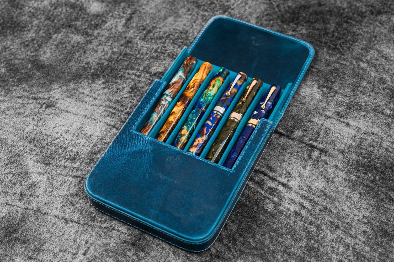 Galen Leather Magnum Opus 6 Slots Hard Pen Case with Removable Pen Tray - Ocean Blue