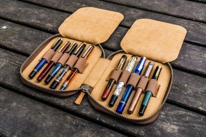 Galen Leather Zippered 10 Slots Pen Case - Crazy Horse Brown