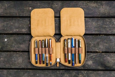 Galen Leather Zippered 10 Slots Pen Case - Crazy Horse Brown