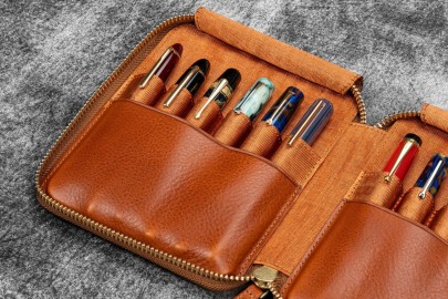 Galen Leather Legacy Leather Zip Pen Case For 12 Pens - A6 - Deep Cognac