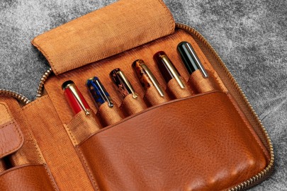 Galen Leather Legacy Leather Zip Pen Case For 12 Pens - A6 - Deep Cognac