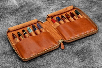 Galen Leather Legacy Leather Zip Pen Case For 12 Pens - A6 - Deep Cognac