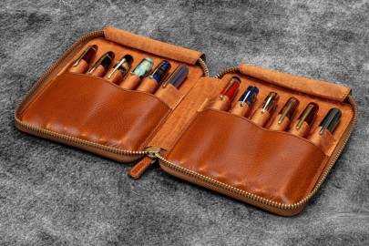 Galen Leather Legacy Leather Zip Pen Case For 12 Pens - A6 - Deep Cognac