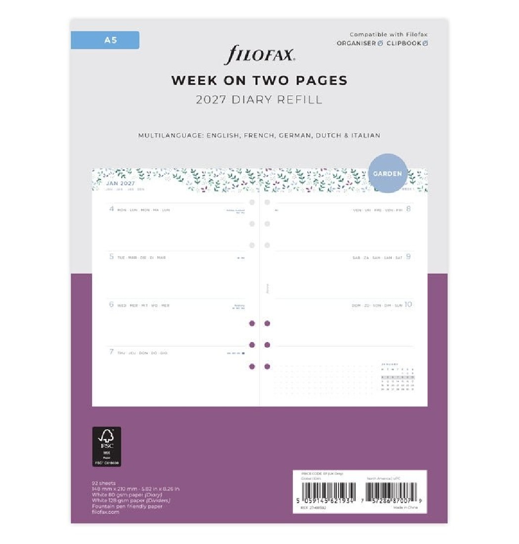 Refill A5 2027 Garden Week on Two Pages 26-68592  Filofax