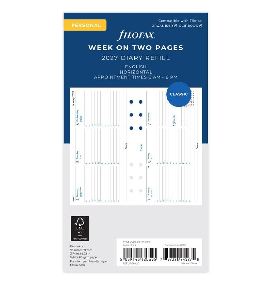 Refill 2027 Personal Week Horizontal On Two Pages 27-68420 Filofax